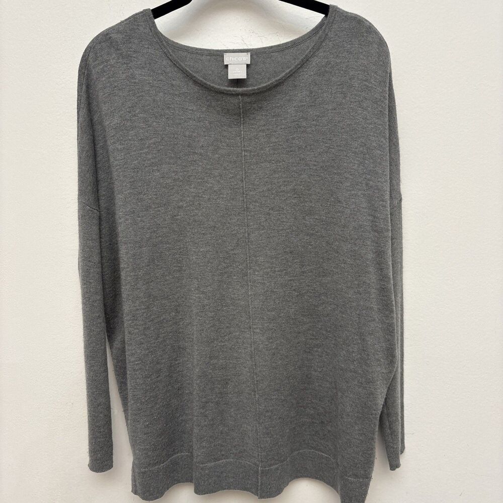 Chico's Pull Over Knit Tunic Top, Gray, Soft Touch, Long Sleeve, Womens 0=Small